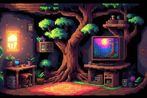 Pixel-Art room in a tree: and a orb Pixelated room, vibrant 8-bit environment, reminiscent of classic games.,Leonardo Stylelow resolution, hyperdetailed pixel art, room gamer, tree room, inside, gamer, neon lights, consoles, pc gamer