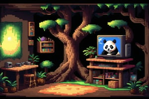 Pixel-Art room in a tree: and a orb Pixelated room, vibrant 8-bit environment, reminiscent of classic games.,Leonardo Stylelow resolution, hyperdetailed pixel art, room gamer, tree room, inside, gamer, neon lights, consoles, pc gamer, walnuts, food walnuts, panda, a panda portrait, panda playing in the back