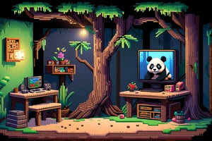 Pixel-Art room in a tree: and a orb Pixelated room, vibrant 8-bit environment, reminiscent of classic games.,Leonardo Stylelow resolution, hyperdetailed pixel art, panda, a real panda playing in the back, panda sit in the floor eating bamboo, room gamer, tree room, inside, gamer, neon lights, consoles, pc gamer, walnuts, food walnuts, 