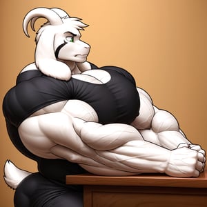 (Cel animation, 2d, flatcolor), masterpiece, face closeup, detailed Green eyes, Big eyes, male, anthro, (asriel, goat, white fur, goat horns, small head), (huge body, bodybuilder, extremely huge muscles, thick arms:1.4), (huge pecs, wide shoulders:1.3), (black t-shirt:1.2), (bored, annoyed, fist on cheek, flexing one arm, sitting behind class desk), (profile view), (classroom background, detailed background:1.1)