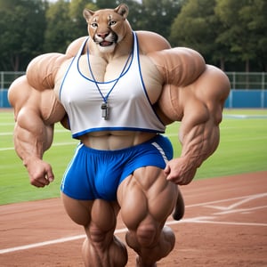 (hyper realistic:0.8), masterpiece, face closeup, detailed blue eyes, small eyes, male, anthro, (cougar, beige skin, small head), (huge body, bodybuilder, extremely huge muscles, thick arms:1.4), (huge pecs, wide shoulders:1.3), (thick neck, neck muscles, square jaw, masculine:1.2), (very thick thigs, extremely huge legs, huge quads:1.2), (athlete uniform, white tanktop, blue shorts, whistle necklace, bulge, barefoot), (smile, happy, looking away from viewer, walking), (sports field background, detailed background:1.2)