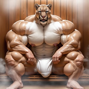 hyper realistic, photography, masterpiece, looking at viewer, detailed fur, detailed blue eyes, male, anthro, (cougar, beige fur, sweat:1.1), (hyper muscles, thick arms, extremely huge muscles:1.3), (hyper pecs:1.4), (white towel over legs,  bulge:1.2), (huge legs, thick thigs, quads, calves, barefoot:1.1), (sitting, grinning, tired, panting, open mouth), (steam, fog, sauna background:1.2), (detailed background:1.2),pecs