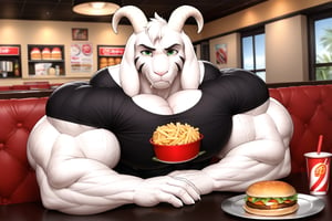 (Cel animation, 2d, flatcolor), masterpiece, face closeup, detailed Green eyes, Big eyes, male, anthro, (asriel, goat, white fur, goat horns, small head), (huge body, bodybuilder, extremely huge muscles, muscle growth, thick arms, thick neck:1.4), (huge pecs, huge biceps, huge forearms:1.3), (black t-shirt:1.2), (bored, annoyed, frown, eating, lookin to the sides, sitting behind table:1.2), (across table pov:1.2), (tray full of food, fast food restaurant background, detailed background:1.1)