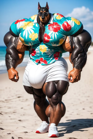 hyper realistic, photography, masterpiece, looking at viewer, detailed fur, (detailed eyes:1.2), detailed eyes, male, anthro, (doberman, black skin), (hyper muscles, hyper pecs, thick arms, extremely huge muscles:1.3), (chest hair, hairy, hairy legs), (sun glasses, hawaiian shirt, shorts, huge bulge, white sport shoes), (huge legs, thick thigs, quads, claves:1), (annoyed, bored), (beach background)