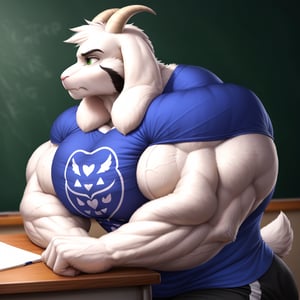 (Cel animation, 2d, flatcolor), masterpiece, face closeup, detailed Green eyes, Big eyes, male, anthro, (asriel, goat, white fur, goat horns, small head), (huge body, bodybuilder, extremely huge muscles, thick arms:1.4), (huge pecs, wide shoulders:1.3), (black t-shirt:1.2), (bored, annoyed, frown, flexing one arm, lookin to the sides, sitting behind class desk:1.2), (profile view:1.2), (classroom background, detailed background:1.1)