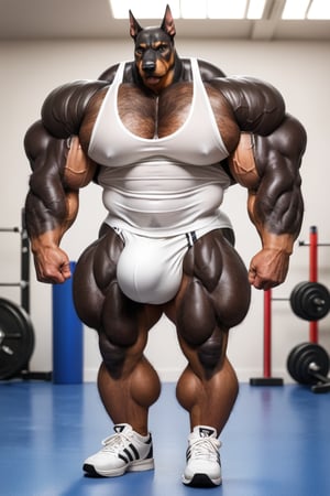 hyper realistic, photography, masterpiece, looking at viewer, detailed fur, (detailed eyes:1.2), detailed eyes, male, anthro, (doberman, black skin), (hyper muscles, hyper pecs, thick arms, extremely huge muscles:1.3), (chest hair, hairy, hairy legs), (white tanktop, white underwear, huge bulge, white sport shoes), (huge legs, thick thigs, quads, claves:1), (annoyed, bored), (gym background)