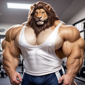 hyper realistic, photography, masterpiece, looking at viewer, detailed fur, (detailed eyes:1.2), detailed eyes, male, anthro, (lion, beige skin), (hyper muscles, hyper pecs, thick arms, extremely huge muscles), (white singlet), (annoyed, bored), (olympic gym background)