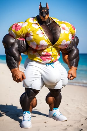hyper realistic, photography, masterpiece, looking at viewer, detailed fur, (detailed eyes:1.2), detailed eyes, male, anthro, (doberman, black skin), (hyper muscles, hyper pecs, thick arms, extremely huge muscles:1.3), (chest hair, hairy, hairy legs), (sun glasses, hawaiian shirt, shorts, huge bulge, white sport shoes), (huge legs, thick thigs, quads, claves:1), (annoyed, bored), (beach background)