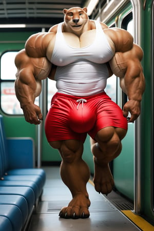 hyper realistic, photography, masterpiece, looking at viewer, detailed fur, detailed eyes, male, anthro, (otter, dark brown fur), (hyper muscles, thick arms, extremely huge muscles:1.2), (hyper pecs:1.4), (huge bulge, red shorts, white tanktop), (huge legs, thick thigs, quads, calves, paws:1.1), (standing, smile, looking at viewer), (Subway train car background), (detailed background)