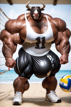 hyper realistic, photography, masterpiece, looking at viewer, detailed fur, (detailed eyes:1.2), detailed eyes, male, anthro, (bull, bull horns, brown skin), (hyper muscles, hyper pecs, thick arms, extremely huge muscles:1.3), (chest hair, hairy, hairy legs), (white tanktop, black shorts, huge bulge, white sport shoes), (huge legs, thick thigs, quads, claves:1), (standing, playing volleyball), (beach volleyball court background)