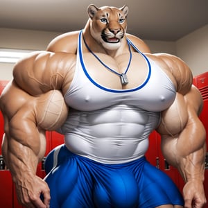 (hyper realistic:0.8), masterpiece, face closeup, low-angle 
view, detailed blue eyes, small eyes, male, anthro, (cougar, beige skin, small head), (huge body, bodybuilder, extremely huge muscles, thick arms, huge biceps:1.4), (large pectorals, broad shoulders:1.3), (thick neck, neck muscles, square jaw, masculine:1.2), (very thick thigs, extremely huge legs, huge quads:1.3), (athlete uniform, white tanktop, blue shorts, whistle necklace, huge bulge), (smile, happy, looking away from viewer, standing), (gym lockers background, detailed background:1.2)