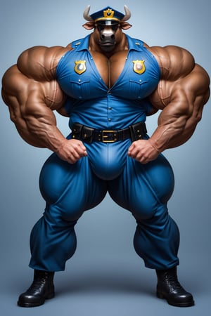 hyper realistic, photography, masterpiece, looking at viewer, detailed fur, (detailed eyes:1.2), detailed eyes, male, anthro, (bull, dark brown fur), (military cut, short hair), (hyper muscles, hyper pecs, thick arms, extremely huge muscles:1.2), (Police uniform, blue pants, bulge, black boots), (huge legs, thick thigs, quads, calves:1.1), (annoyed, bored, flexing, double bicep pose), (police station background)