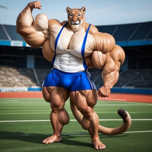 (hyper realistic:0.8), masterpiece, face closeup, detailed blue eyes, small eyes, male, anthro, (cougar, beige skin, small head), (huge body, bodybuilder, extremely huge muscles, thick arms:1.4), (huge pecs, wide shoulders:1.3), (thick neck, neck muscles, square jaw, masculine:1.2), (very thick thigs, extremely huge legs, huge quads:1.2), (athlete uniform, white tanktop, blue shorts, bulge, barefoot), (smile, happy, looking away from viewer, flexing), (sports field background, detailed background:1.2)
