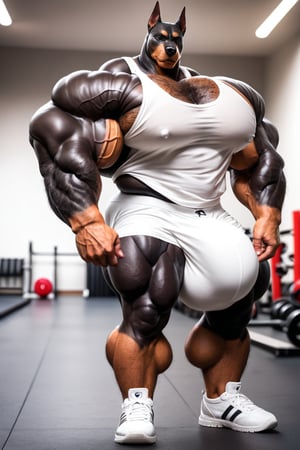 hyper realistic, photography, masterpiece, looking at viewer, detailed fur, (detailed eyes:1.2), detailed eyes, male, anthro, (doberman, black skin), (hyper muscles, hyper pecs, thick arms, extremely huge muscles:1.3), (chest hair, hairy, hairy legs), (white tanktop, white underwear, huge bulge, white sport shoes), (huge legs, thick thigs, quads, claves:1), (annoyed, bored), (gym background)