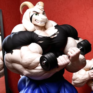 (Cel animation, 2d, flatcolor), masterpiece, face closeup, detailed Green eyes, Big eyes, male, anthro, (asriel, goat, white fur, goat horns, small head), (huge body, bodybuilder, extremely huge muscles, muscle growth, thick arms:1.5), (huge pecs, wide shoulders:1.4), (torn clothes, ripped black t-shirt:1.2), (frown, annoyed, clenched teeth, bicep curl, holding dumbbell), (profile view), (mirror background, detailed background:1.1)