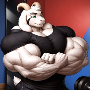 (Cel animation, 2d, flatcolor), masterpiece, face closeup, detailed Green eyes, Big eyes, male, anthro, (asriel, goat, white fur, goat horns, small head), (huge body, bodybuilder, extremely huge muscles, thick arms:1.4), (huge pecs, wide shoulders:1.3), (black t-shirt:1.2), (bored, annoyed, bicep curl, holding dumbbell), (profile view), (mirror background, detailed background:1.1)