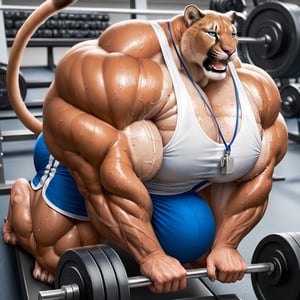 (hyper realistic:0.8), masterpiece, face closeup, (top down view, front on), detailed blue eyes, small eyes, male, anthro, (cougar, beige skin, small head, sweat), (huge body, bodybuilder, extremely huge muscles, thick arms:1.4), (huge pecs, wide shoulders:1.3), (thick neck, neck muscles, square jaw, masculine:1.2), (very thick thigs, extremely huge legs, huge quads:1.2), (athlete uniform, white tanktop, blue shorts, whistle necklace, huge bulge, barefoot), (lying on gym bench, grinning, tired, panting, open mouth, bench pressing, lifting barbell:1.2), (gym background, detailed background:1.2)