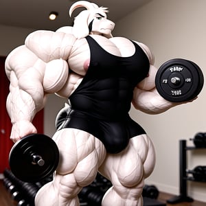 (Cel animation, 2d, flatcolor), masterpiece, face closeup, detailed Green eyes, Big eyes, male, anthro, (asriel, goat, white fur, goat horns, small head), (huge body, bodybuilder, extremely huge muscles, thick arms:1.4), (huge pecs, wide shoulders:1.4), (huge biceps, huge forearms:1.4), (black tanktop, black shorts, huge bulge:1.2), (frown, annoyed, lifting weights, bicep curl, holding huge dumbbell:1.2), (profile view), (mirror background, detailed background:1.1)
