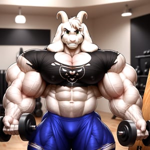 (Cel animation, 2d, flatcolor), masterpiece, face closeup, detailed Green eyes, Big eyes, male, anthro, (asriel, goat, white fur, goat horns, small head), (huge body, bodybuilder, extremely huge muscles, muscle growth, thick arms:1.5), (huge pecs, wide shoulders:1.4), (torn clothes, ripped black t-shirt:1.2), (frown, annoyed, clenched teeth, bicep curl, holding dumbbell), (profile view), (mirror background, detailed background:1.1)