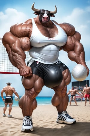 hyper realistic, photography, masterpiece, looking at viewer, detailed fur, (detailed eyes:1.2), detailed eyes, male, anthro, (bull, bull horns, brown skin), (hyper muscles, hyper pecs, thick arms, extremely huge muscles:1.3), (chest hair, hairy, hairy legs), (white tanktop, black shorts, huge bulge, white sport shoes), (huge legs, thick thigs, quads, claves:1), (standing, playing volleyball), (beach volleyball court background)