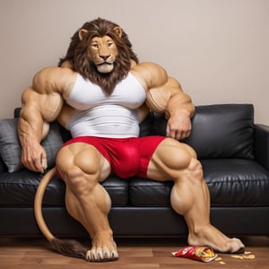 hyper realistic, photography, masterpiece, looking at viewer, detailed fur, detailed eyes, male, anthro, (lion, beige fur), (hyper muscles, thick arms), (white tanktop, red shorts, big bulge), (huge legs, thick thigs, quads, calves:1.1), (sitting on couch, lounging, bored, eating chips), (living room background), (detailed background)