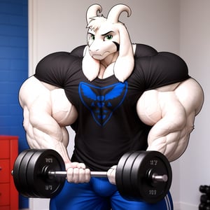 (Cel animation, 2d, flatcolor), masterpiece, face closeup, detailed Green eyes, Big eyes, male, anthro, (asriel, goat, white fur, goat horns, small head), (huge body, bodybuilder, extremely huge muscles, thick arms:1.4), (huge pecs, wide shoulders:1.3), (black t-shirt:1.2), (frown, annoyed, lifting weights, bicep curl, holding huge dumbbell:1.2), (profile view), (mirror background, detailed background:1.1)