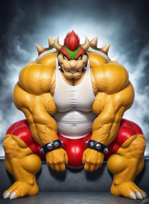 hyper realistic, photography, masterpiece, detailed fur, detailed red eyes, male, anthro, (Bowser, yellow skin, red mohawk), (tall, hyper muscles, thick arms, extremely huge muscles:1.1), (huge pecs:1.3), (small clothes, tight clothes, red shorts, big bulge, white tanktop), (looking at viewer, sitting, evil grin, hand on crotch:1.2), (gym background), (detailed background),