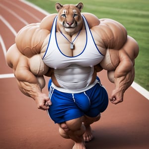 (hyper realistic:0.8), masterpiece, face closeup, high-angle 
view, detailed blue eyes, small eyes, male, anthro, (cougar, beige skin, small head), (huge body, bodybuilder, extremely huge muscles, thick arms:1.4), (huge pecs, wide shoulders:1.3), (thick neck, neck muscles, square jaw, masculine:1.2), (very thick thigs, extremely huge legs, huge quads:1.2), (athlete uniform, white tanktop, blue shorts, whistle necklace, bulge, barefoot), (smile, happy, looking away from viewer, walking), (sports field background, detailed background:1.2)