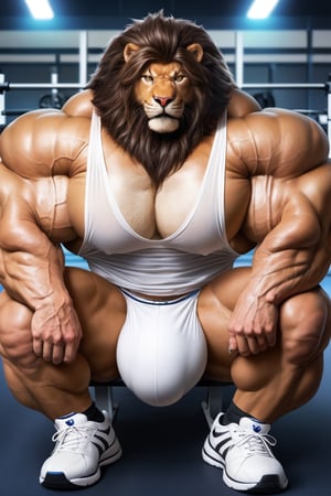 hyper realistic, photography, masterpiece, looking at viewer, detailed fur, (detailed eyes:1.2), detailed eyes, male, anthro, (lion, beige skin), (hyper muscles, hyper pecs, thick arms, extremely huge muscles:1.3), (white tanktop, white underwear, huge bulge, white sport shoes), (huge legs, thick thigs, quads, claves:1), (annoyed, bored), (gym background)