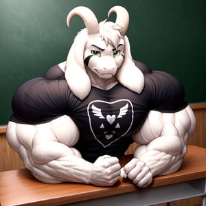 (Cel animation, 2d, flatcolor), masterpiece, face closeup, detailed Green eyes, Big eyes, male, anthro, (asriel, goat, white fur, goat horns, small head), (huge body, bodybuilder, extremely huge muscles, thick arms:1.4), (huge pecs, wide shoulders:1.3), (black t-shirt:1.2), (bored, annoyed, fist on cheek, flexing one arm, sitting behind class desk), (profile view), (classroom background, detailed background:1.1)