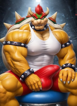 hyper realistic, photography, masterpiece, detailed fur, detailed red eyes, male, anthro, (Bowser, yellow skin, red mohawk), (tall, hyper muscles, thick arms, extremely huge muscles:1.1), (huge pecs:1.3), (small clothes, tight clothes, red shorts, big bulge, white tanktop), (looking at viewer, sitting, evil grin, hand on crotch:1.2), (gym background), (detailed background),