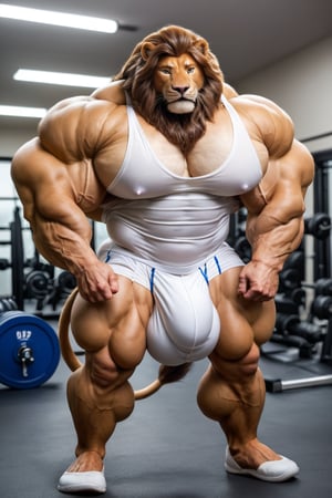 hyper realistic, photography, masterpiece, looking at viewer, detailed fur, (detailed eyes:1.2), detailed eyes, male, anthro, (lion, beige skin), (hyper muscles, hyper pecs, thick arms, extremely huge muscles:1.3), (white tanktop, white underwear, huge bulge), (huge legs, thick thigs, quads, claves), (annoyed, bored), (gym background)