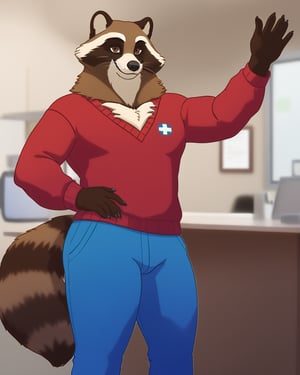 Source_furry, 2d, (flatcolor, outlines), by anhes, furry art, masterpiece, (closeup shot, front on, from front), detailed fur, ((detailed face, brown eyes)), male, anthro, (raccoon, brown fur), (chest hair, armpit hair, body hair), (tall), (thin, skinny, wimpy), (big legs, thick thigs), ((red sweater, blue pants)), (happy, smile, waving, standing), (clinic, medic office background), Furry Mix PDXL