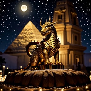 A Christmas-themed golden dragon to welcome 2024, the dragon has shiny scales and a red mane, it is surrounded by Christmas decorations such as lights, garlands, balls and stars. In the background you can see the pyramids with the moon and stars. ,dragonbaby,<lora:659111690174031528:1.0>
