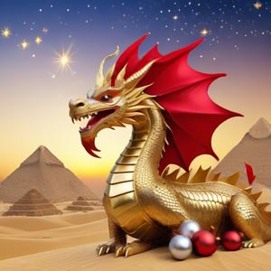 A Christmas-themed golden dragon near the Pyramids of Egypt. Pharaonic style, the dragon has shiny scales and a red mane, it is surrounded by Christmas decorations such as lights and stars.,Enhance,<lora:659095807385103906:1.0>