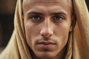 photograph close up portrait of an egyptian blonde monk, serious, stoic cinematic 4k epic detailed 4k epic detailed photograph shot on kodak detailed bokeh cinematic hbo dark moody 