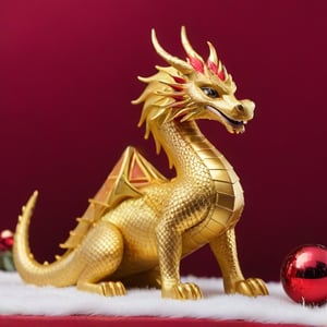 A Christmas-themed golden dragon holding the egyptian pyramids. the dragon has shiny scales and a red mane, it is surrounded by Christmas decorations such as lights and stars.,<lora:659095807385103906:1.0>