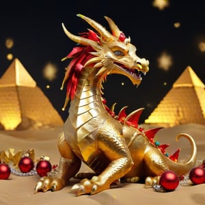 A Christmas-themed golden dragon near the Pyramids of Egypt. Pharaonic style, the dragon has shiny scales and a red mane, it is surrounded by Christmas decorations such as lights and stars.,Enhance,<lora:659095807385103906:1.0>