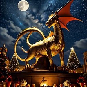 A Christmas-themed golden dragon to welcome 2024, the dragon has shiny scales and a red mane, it is surrounded by Christmas decorations such as lights and stars. In the background you can see the pyramids with the moon and stars.,<lora:659111690174031528:1.0>