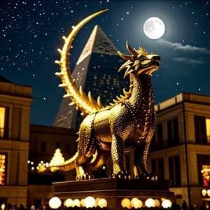 A Christmas-themed golden dragon to welcome 2024, the dragon has shiny scales and a red mane, it is surrounded by Christmas decorations such as lights, garlands, balls and stars. In the background you can see the pyramids with the moon and stars. ,<lora:659111690174031528:1.0>