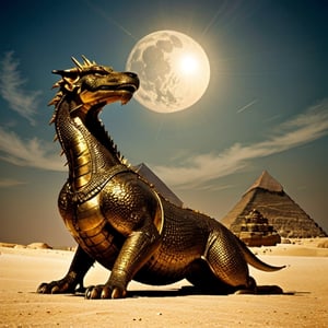 a Golden Dragon standng behind the Pyramids of Egypt,Masterpiece,<lora:659111690174031528:1.0>