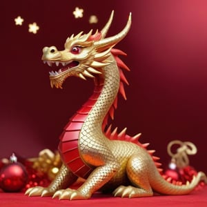 A Christmas-themed golden dragon to welcome 2024, In the background you can see the pyramids. the dragon has shiny scales and a red mane, it is surrounded by Christmas decorations such as lights and stars. ,Oriental Dragon,<lora:659095807385103906:1.0>