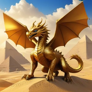 Generate a golden dragon flying behind the Pyramids of Egypt. Pharaonic style.,<lora:659095807385103906:1.0>