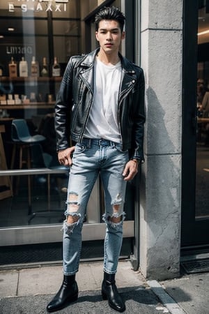 best quality, ultra high res, (photorealistic:1.4),raw photo, Fujifilm XT3,(1 men:1.3), handsome, (full body:1.5), Model height, Medium-length hairstyle, hair between eyes, watches, 
((white shirt)), ((light blue straight jeans)), ((black leather biker jacket)), ((black chelsea boots)), looking at viewer, shops, Vibrant Harajuku district with youthful fashion, Low Angle of view

