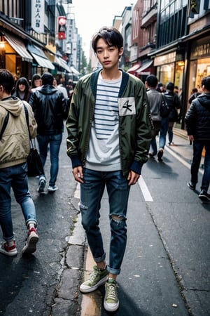best quality, ultra high res, (photorealistic:1.4),raw photo, Fujifilm XT3,(1 men:1.3), handsome, (full body:1.5), Model height, Medium-length hairstyle, hair between eyes, watches, 
((sweater\(striped, navy\), jeans\(straight, light blue\), bomber_jacket\(olive green\), sneaker\(white\))), looking at viewer, shops, Vibrant Harajuku district with youthful fashion, Low Angle of view

