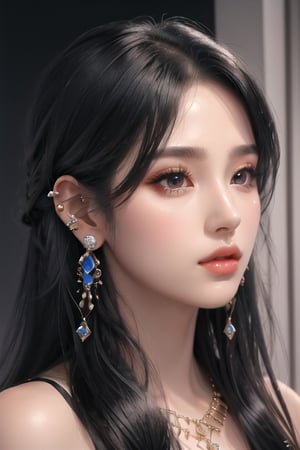 1girl, solo, long hair, looking at viewer, black hair, jewelry, earrings, parted lips, black eyes, lips, piercing, ear piercing, portrait, realistic, nose