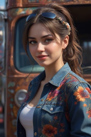 ((masterpiece, best quality)), absurdres, (Photorealistic 1.2), sharp focus, highly detailed, top quality, Ultra-High Resolution, HDR, 8K, a beautiful young trucker, 25yo, eye contact, kind smile, beauty, beautiful face, detailed and perfect face, perfect proportions, realistic detailed outfits, realistc floral patterns, unique, dynamic pose,colorful,  sparkling particles, colorful,color art