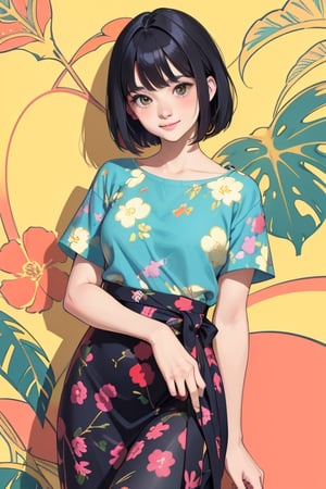 a flat lineart of a young beautiful woman leaning against colorful wall printed botanial patterns at pop-style Private Rooms,kind smile,bangs,messy short-bob,detailed realistic clothes,soft tone,only in four colors,a ncg,