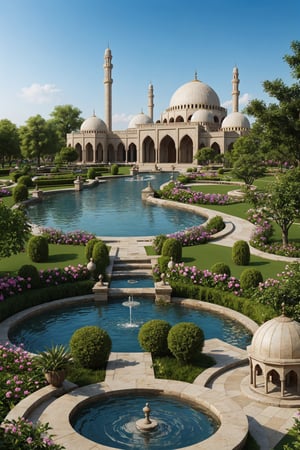 A beautiful mosque surrounded by beautiful gardens and eight domes will look like a heavenly house with fountains and rivers flowing along its sides.