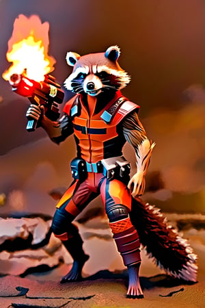Rocket Raccoon,more detail XL, Highly detailed, High Quality, Masterpiece, beautiful, (Entire general plan) 1 raccoon, solo, from guardians of the galaxi, firefighter, (muscular, firefighter suit, burning),fire element